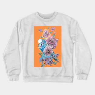 Blue Budgie and Rose Watercolor Painting on Orange Crewneck Sweatshirt